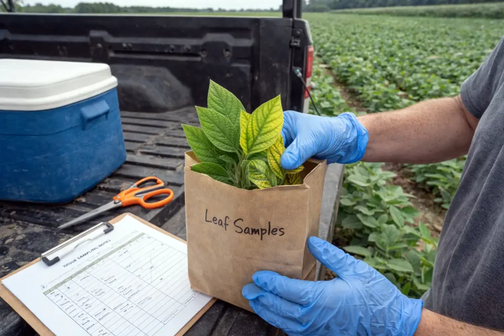 farmer collecting leaf tissue samples for lab testing