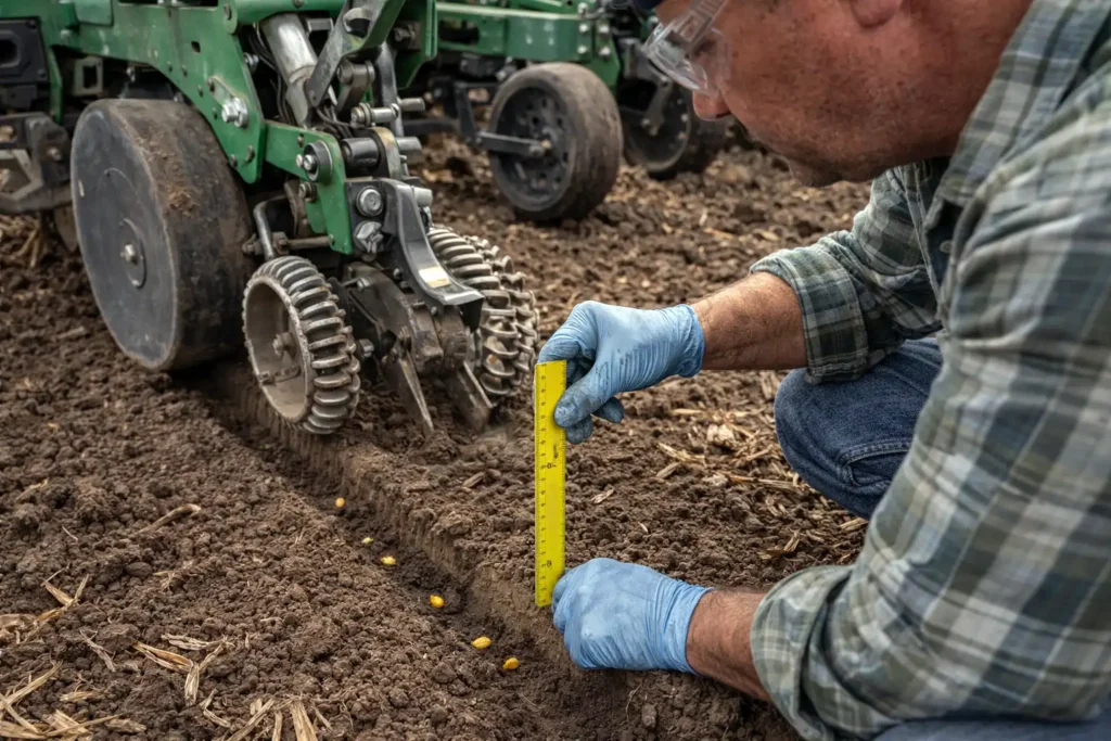 checking seed depth behind planter