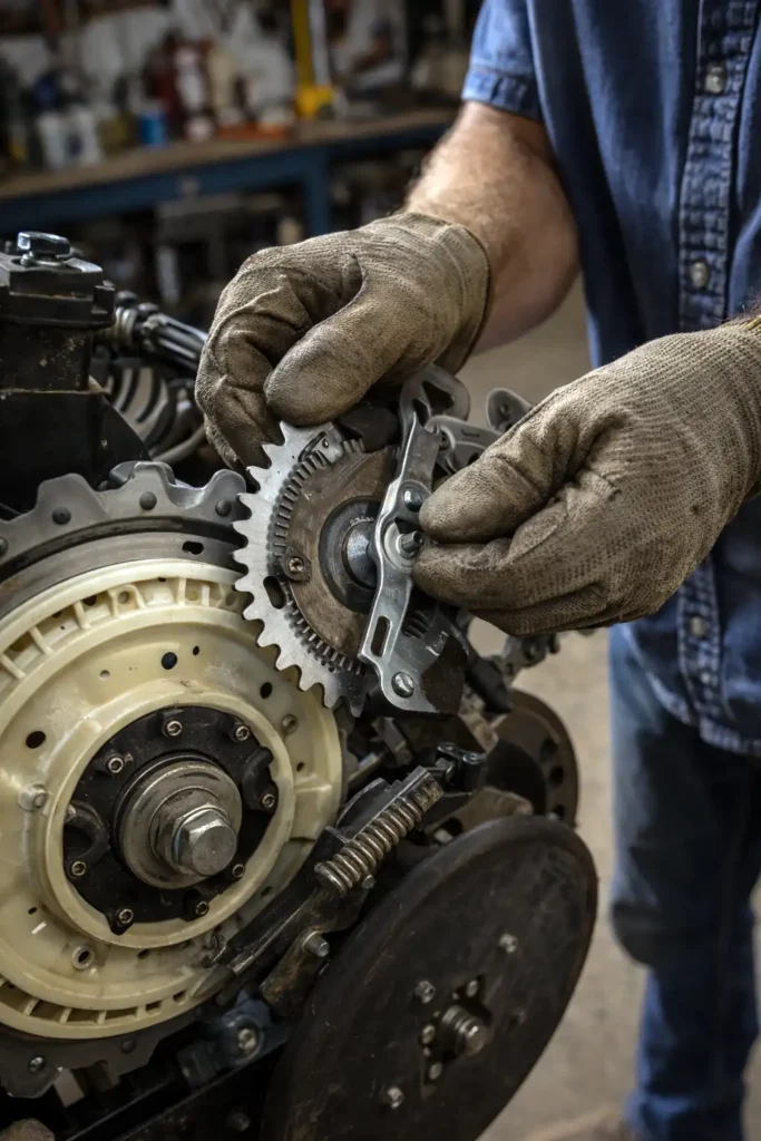 gloved hands adjusting planter seed meter and depth gauge