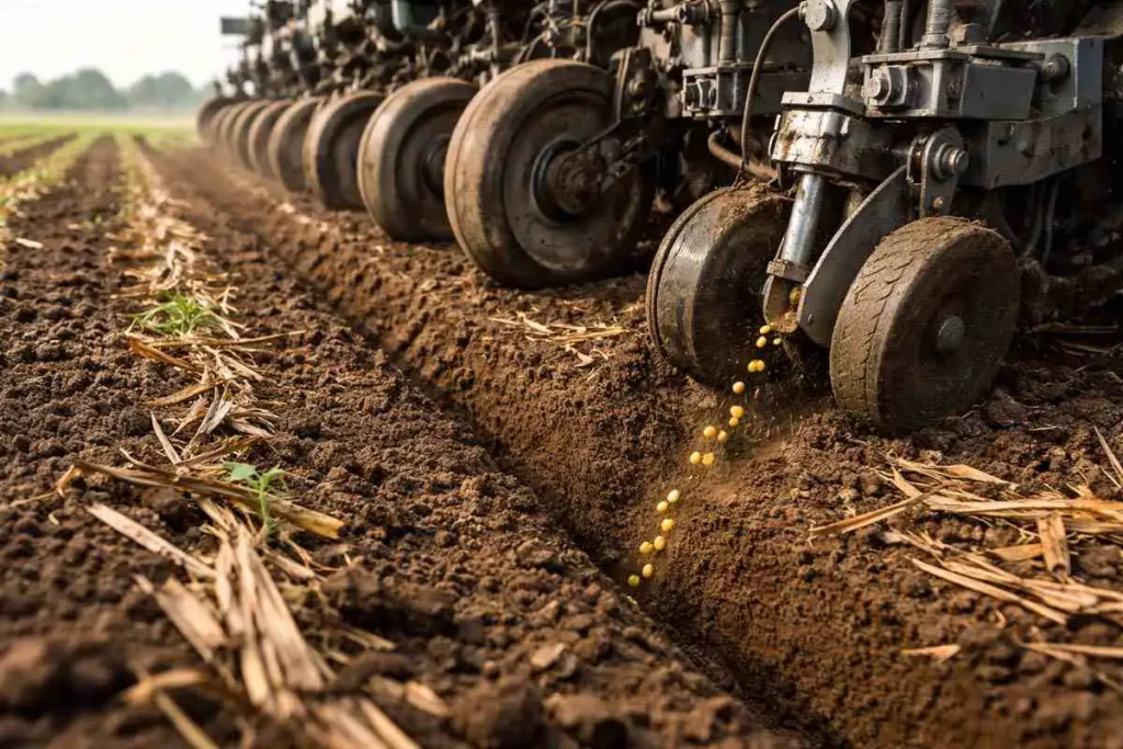row crop planter placing seed at consistent depth