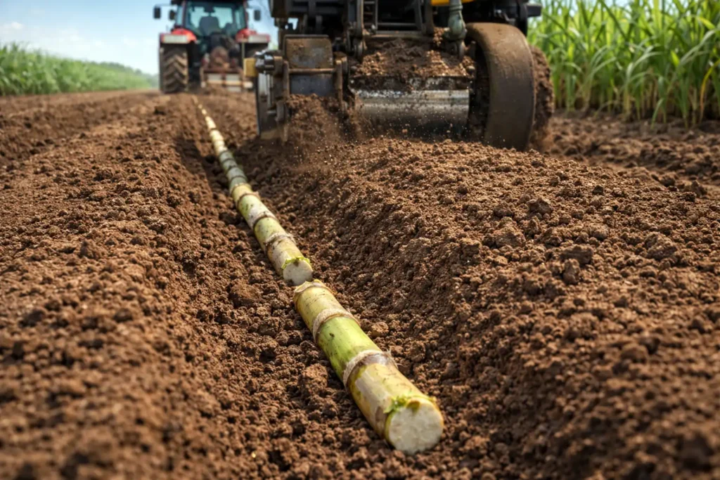 planting and covering sugarcane. placing setts evenly and firming soil