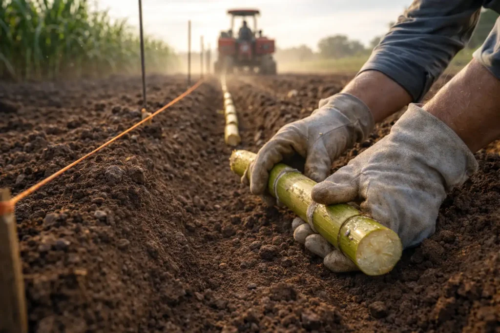 hands placing seed cane pieces into a furrow