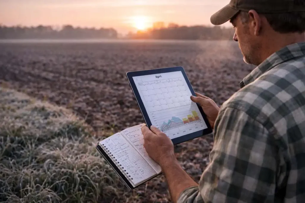 checking frost dates and planting window on a tablet