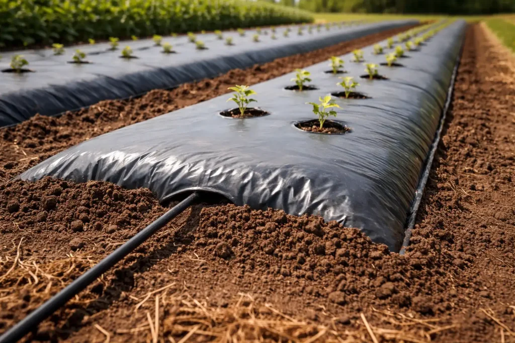 raised bed with black plastic mulch and drip line