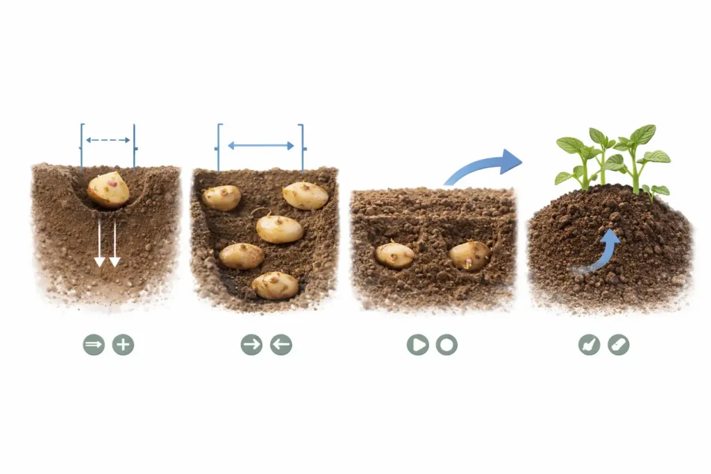 isual guide showing seed potato depth spacing and hilling steps