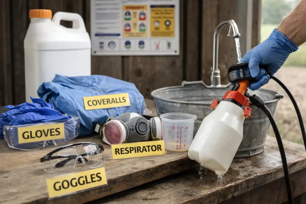 protective gear and sprayer rinsing on farm bench