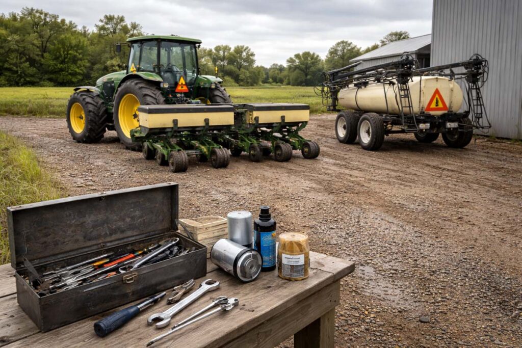 used planter and sprayer staged for the season