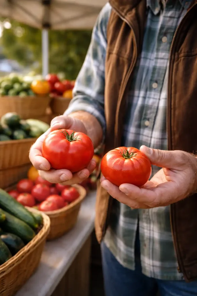 farmer comparing firm and overripe tomatoes at stand