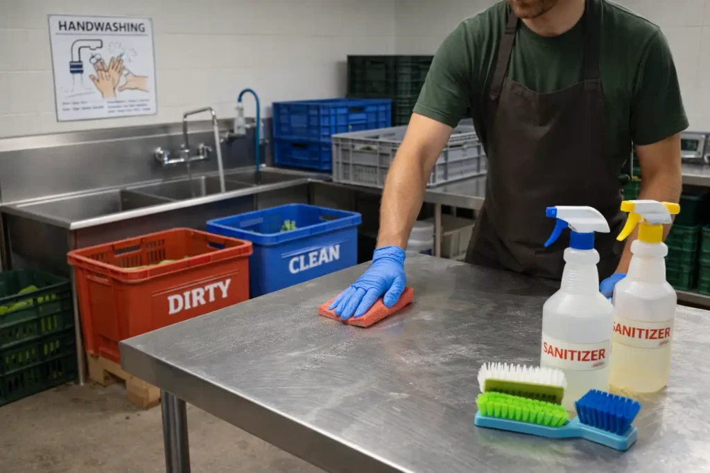 clean wash and pack tables with sanitizer