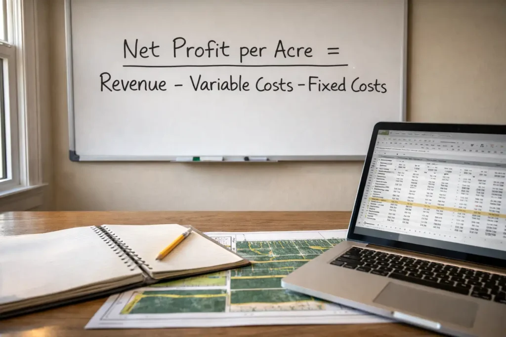 simple profit per acre equation on whiteboard