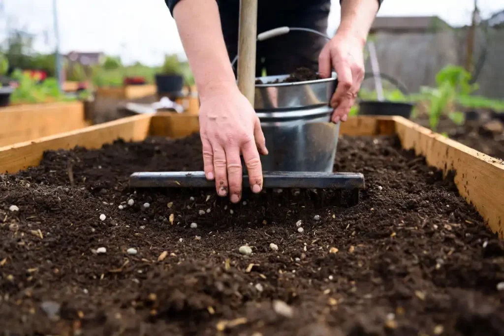 gardener raking raised bed into fine seedbed