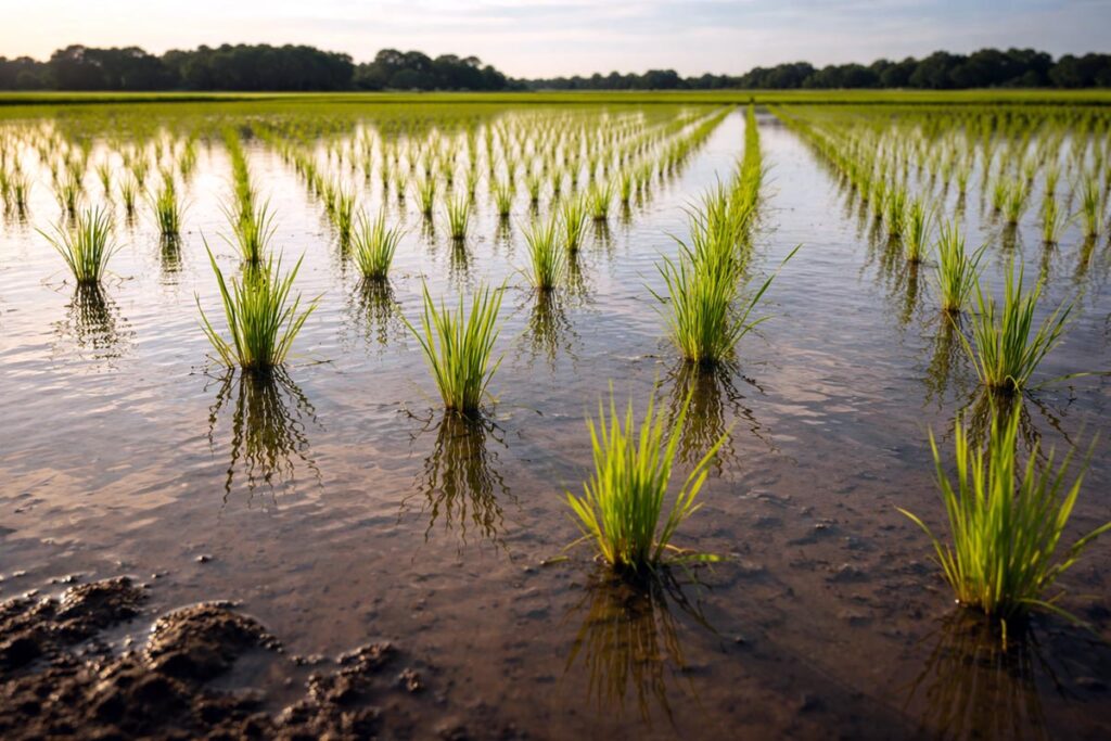 Rice seedlings in a flooded paddy with sky reflections and small ripples on the water.