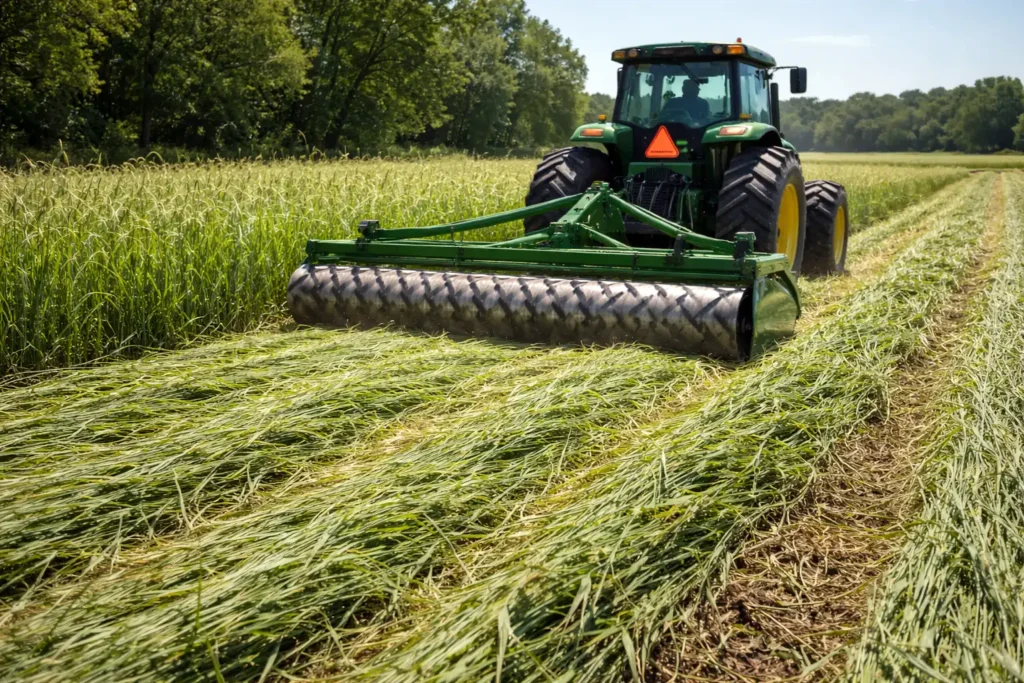 roller crimper flattening mature rye cover crop