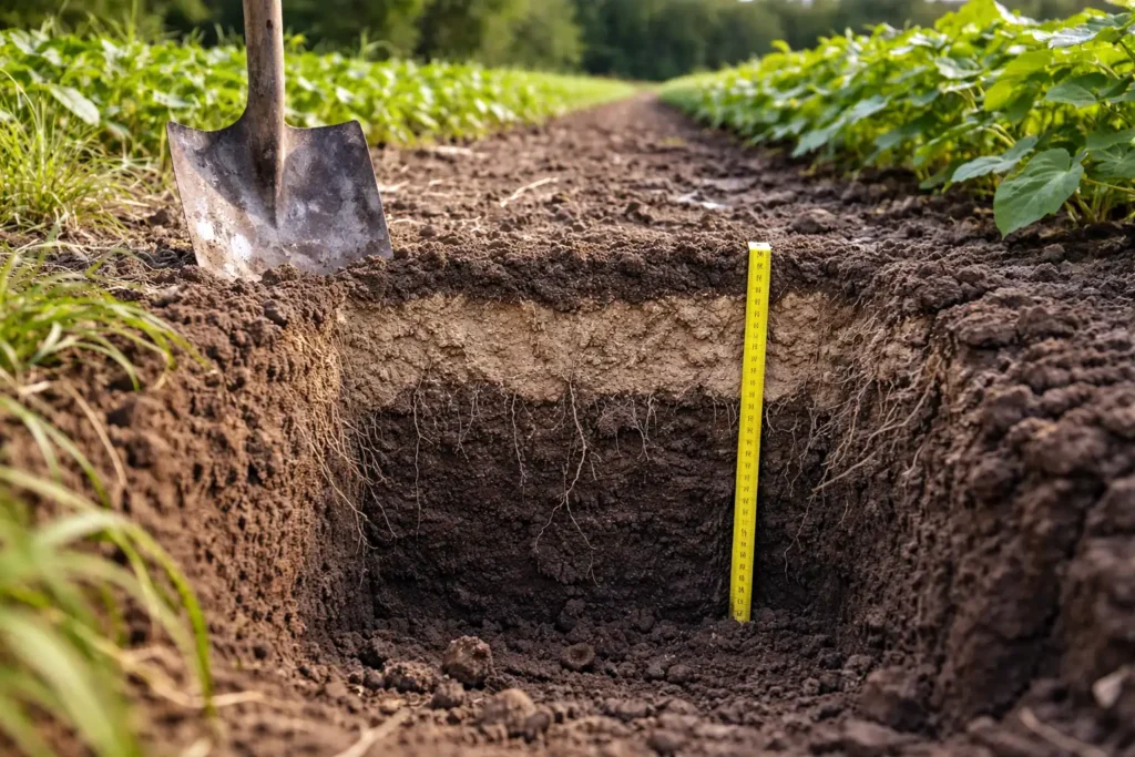 digging to confirm irrigation wetting depth in root zone