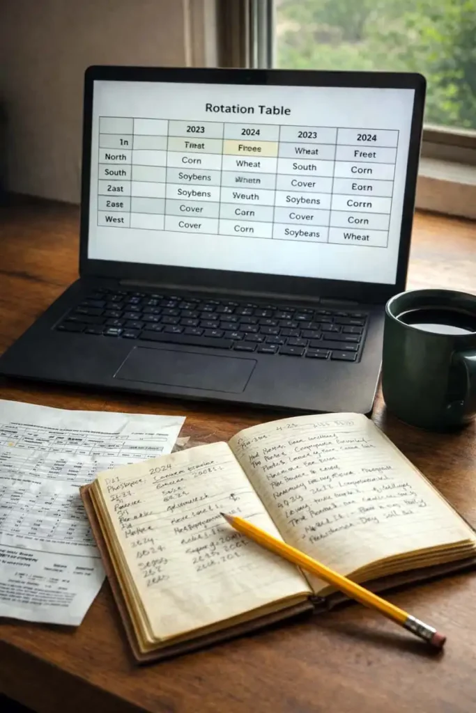 rotation table on laptop next to a field notebook and soil tests