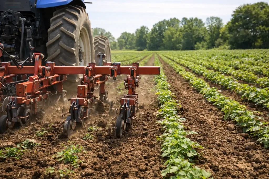cultivator working between rows with small weeds drying