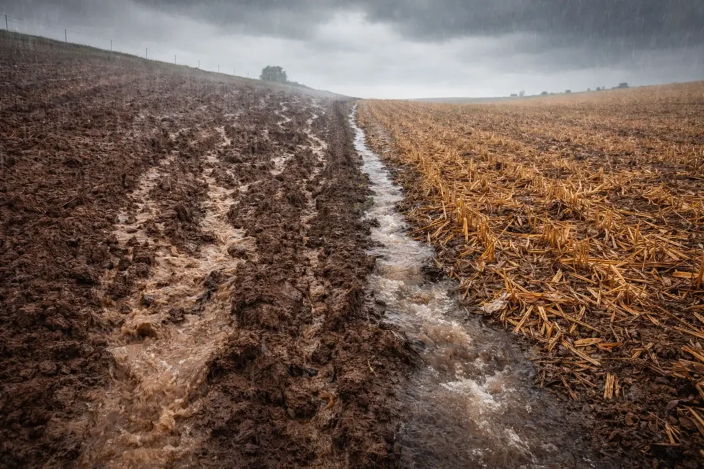 rain runoff showing residue reducing soil loss