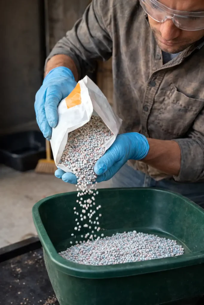 farmer wearing gloves and eye protection while handling fertilizer