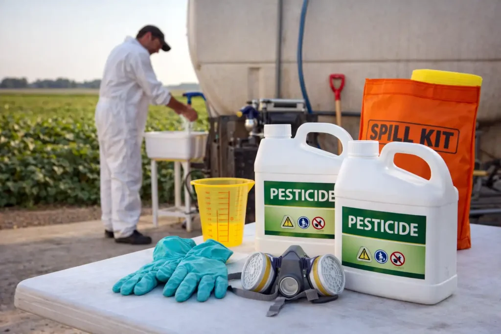 protective gear and measuring tools on clean mixing table
