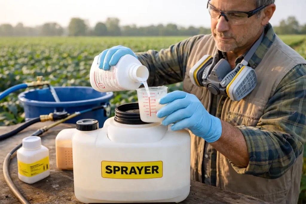 farmer wearing gloves and eye protection mixing sprayer