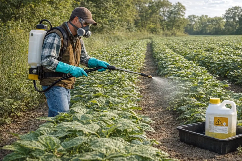 farmer wearing ppe applying spray safely and accurately