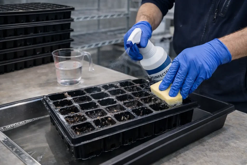 gloved hands washing and disinfecting seed trays