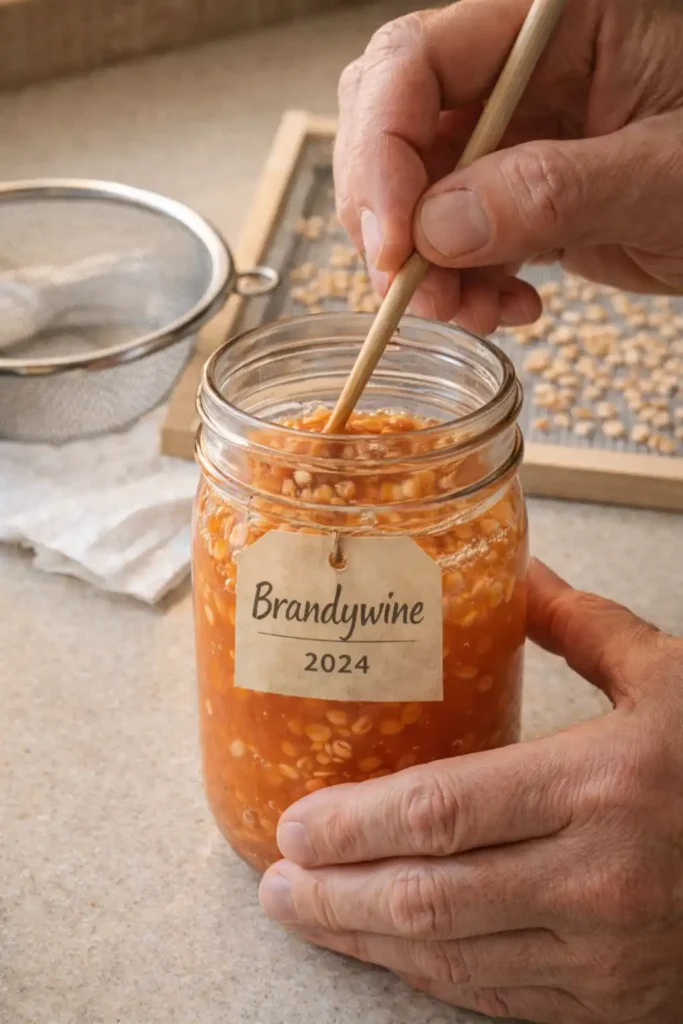 hands fermenting tomato seeds in labeled jar