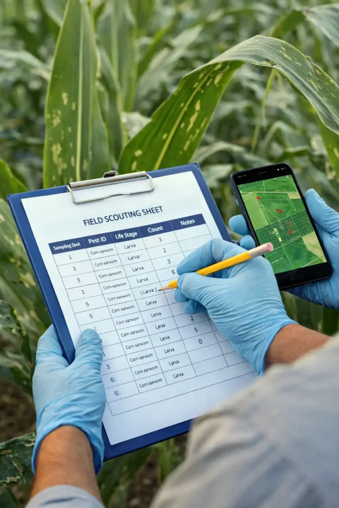 hands recording pest counts on field sheet