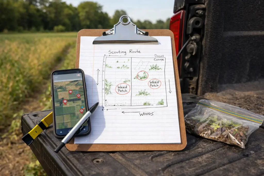 notebook with weed map beside crop rows