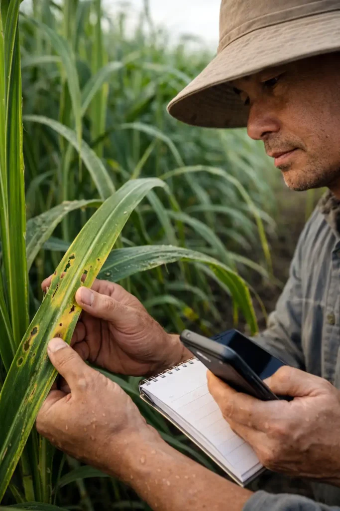farmer inspecting leaves for yellowing and pest damage