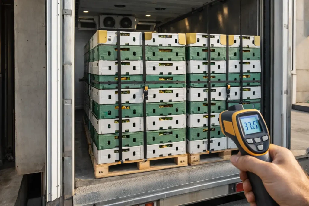 strapped pallets ready for refrigerated delivery