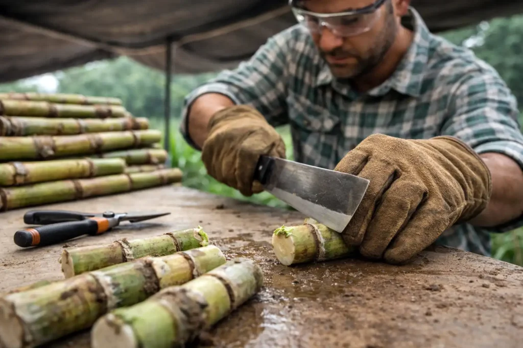 gloved hands cutting seed cane billets safely