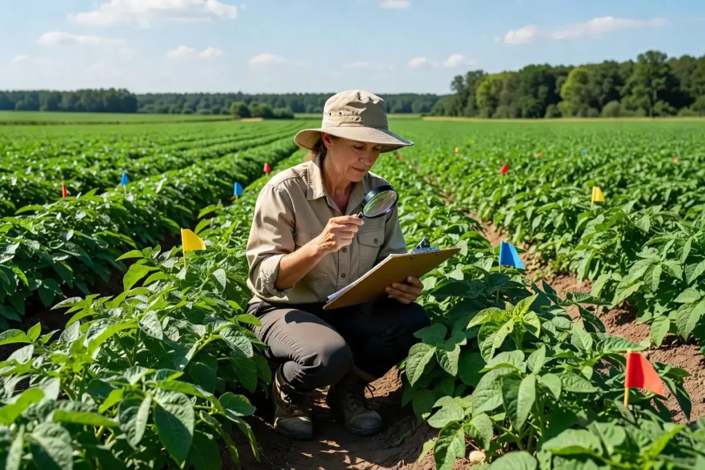 agronomist checking potato leaves in clean seed field