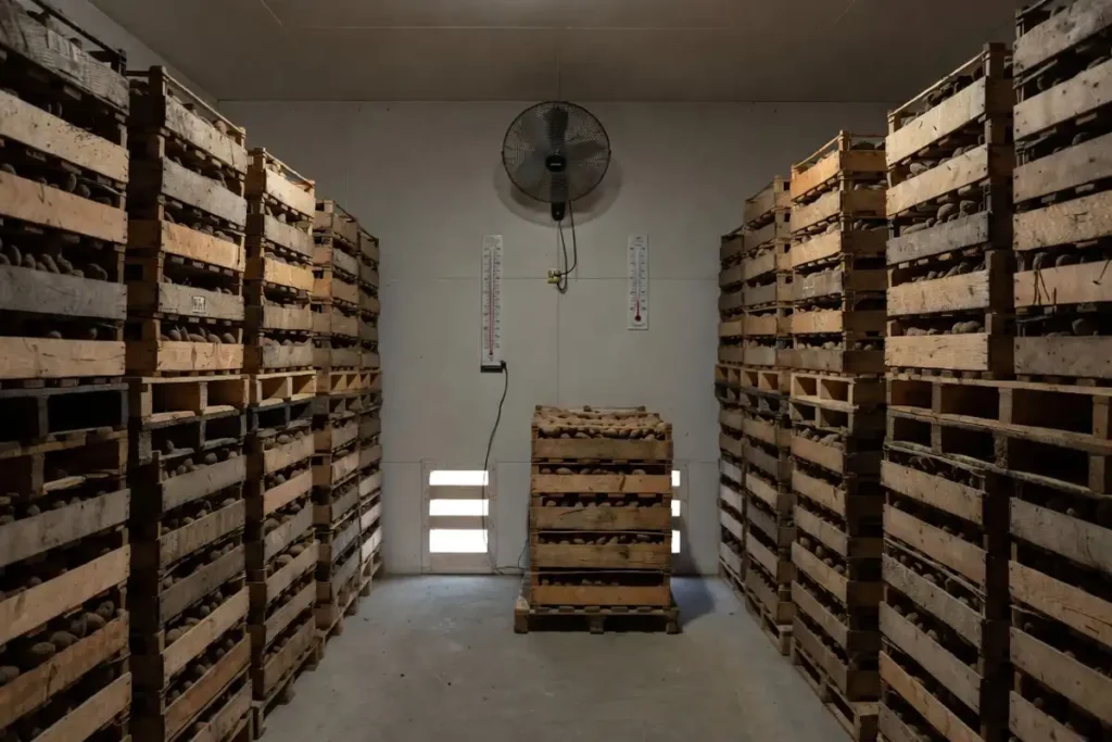 ventilated crates of seed potatoes stored cool and dark