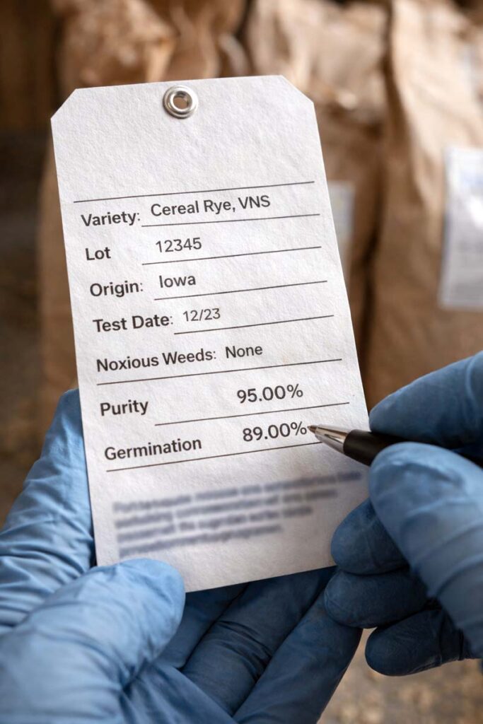 gloved hand holding seed tag showing purity and germination