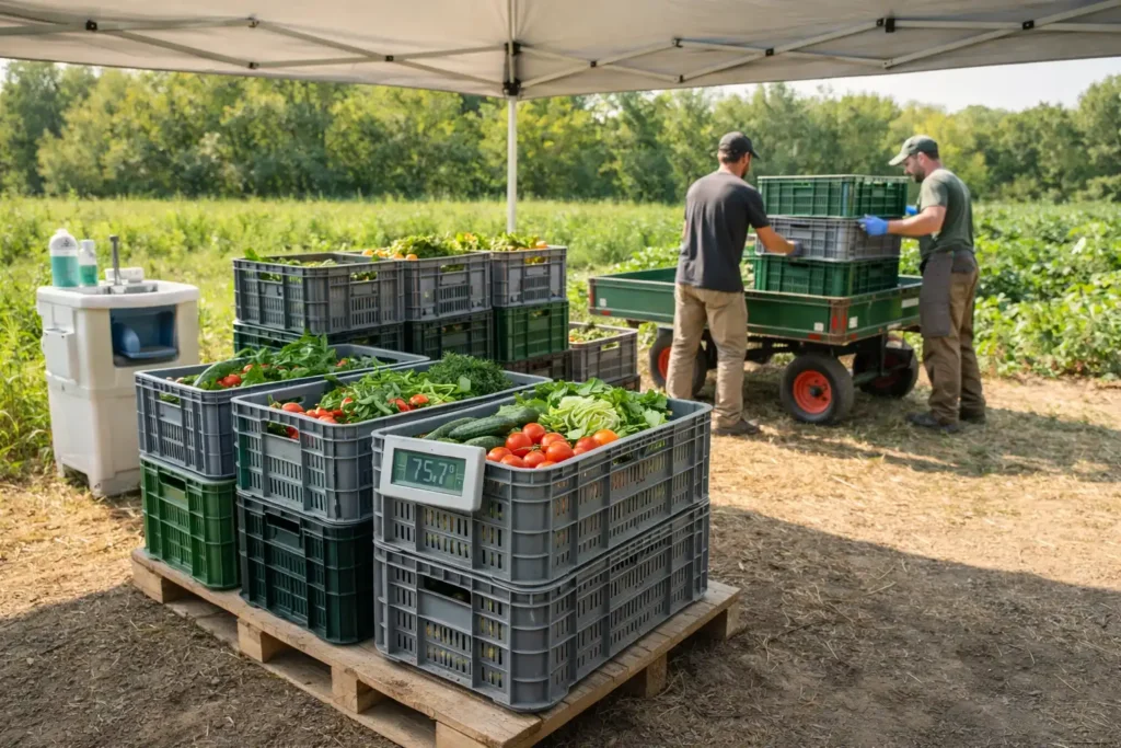 shaded field staging with clean totes