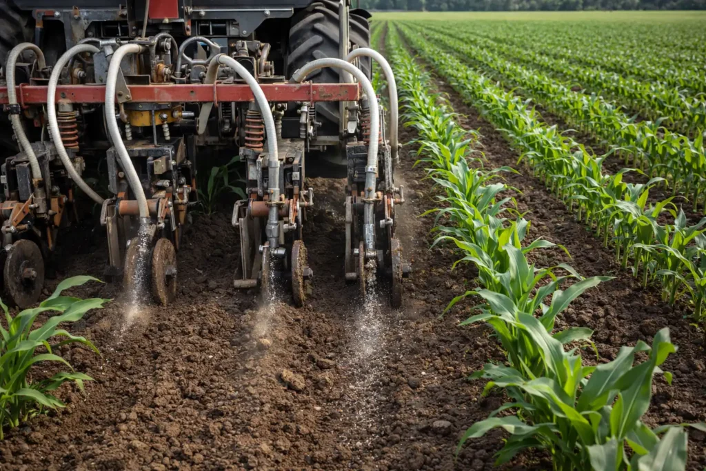 sidedress applicator placing nutrients beside crop rows