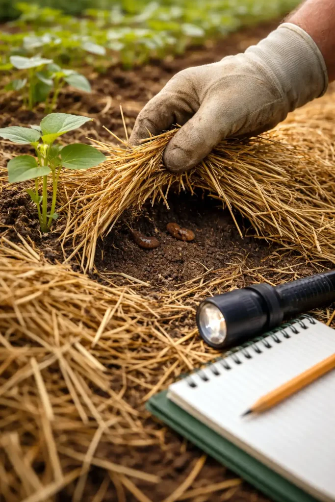 hand lifting mulch to check for slugs near seedlings