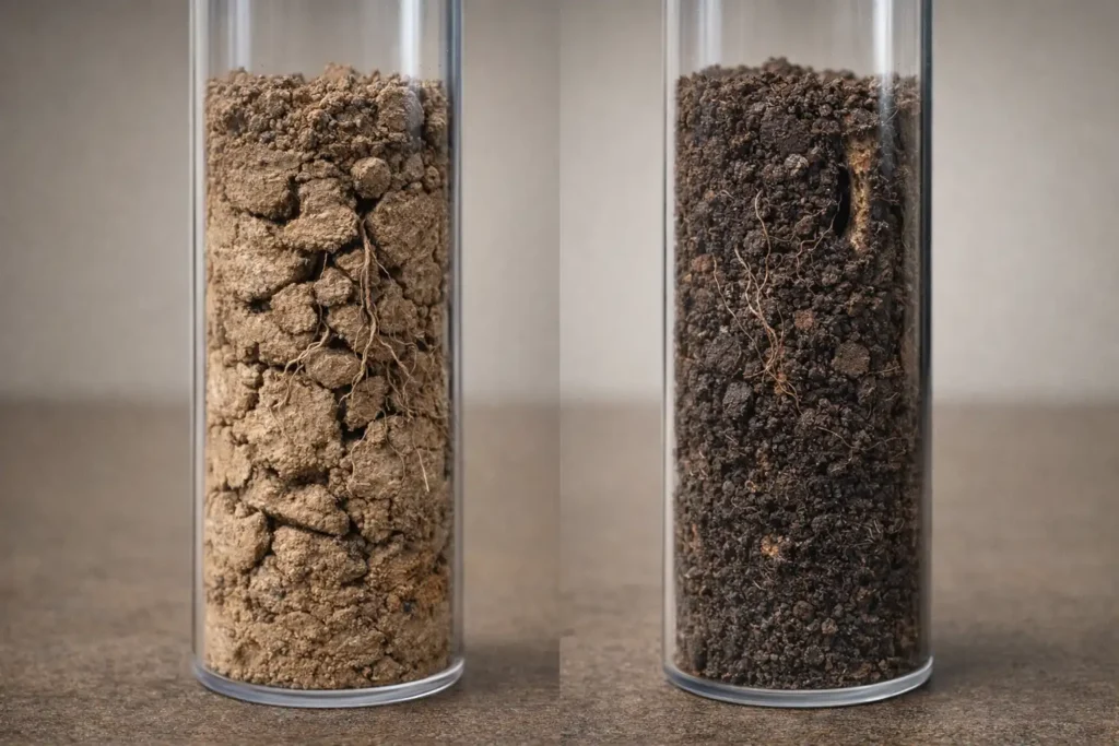 soil cores showing improved aggregation and roots