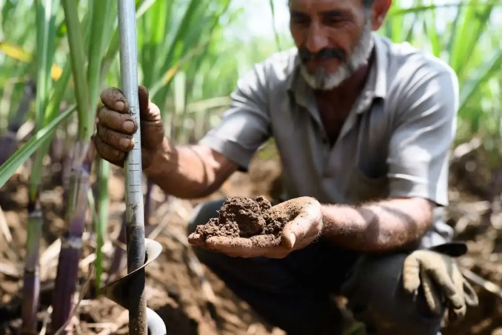 farmer checking moisture at two depths beside sugarcane