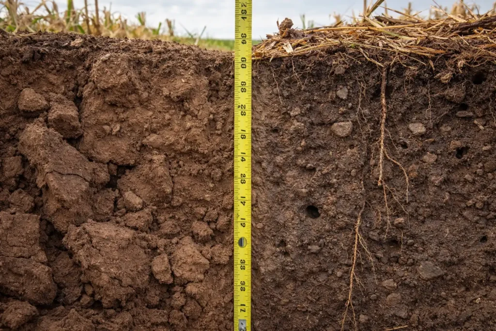 soil pit showing aggregation and residue differences