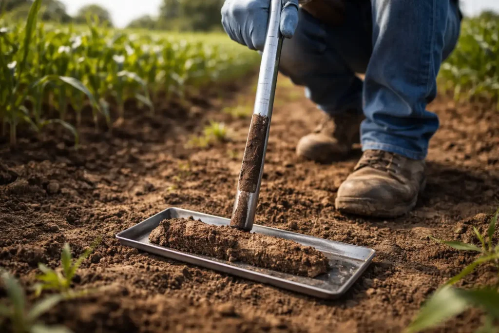 farmer taking a consistent depth soil core with probe