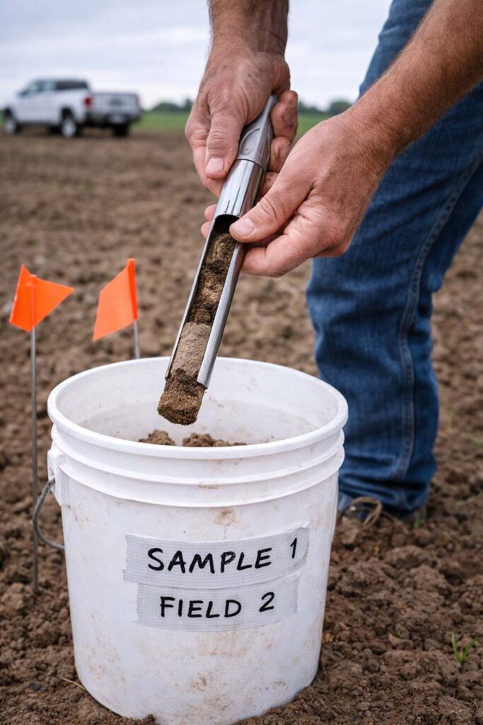 hands collecting soil cores for a field test
