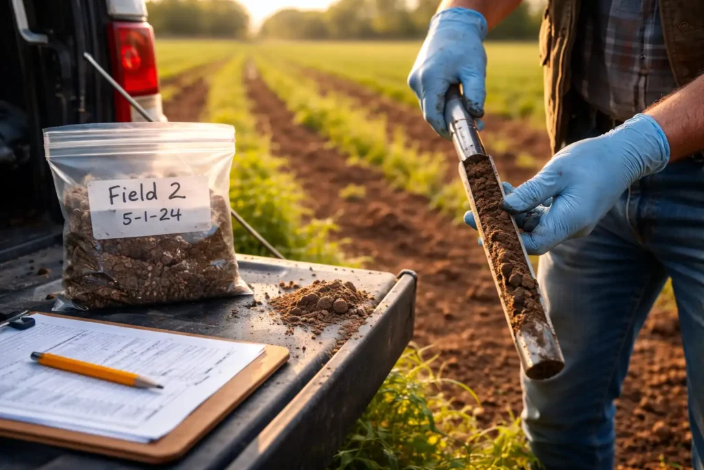 soil core sample beside labeled bag and clipboard
