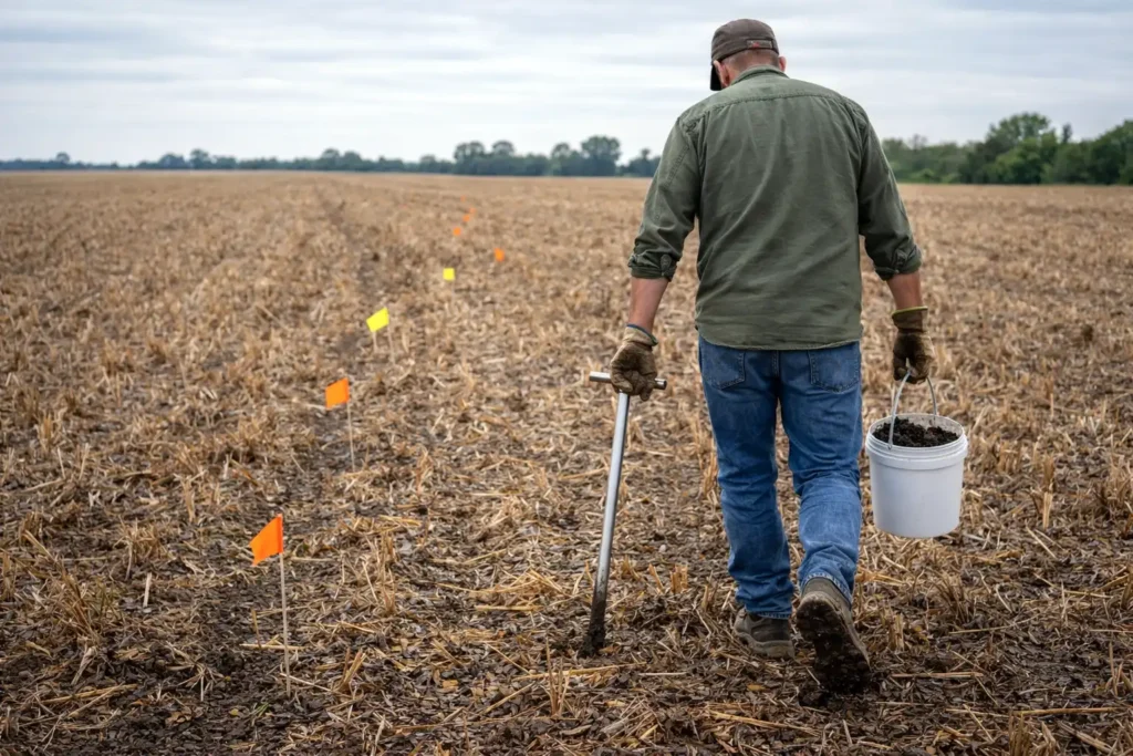 taking soil cores across a field