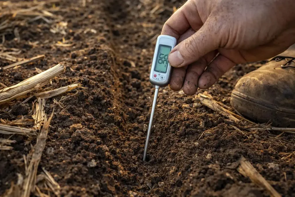 checking soil temperature before planting