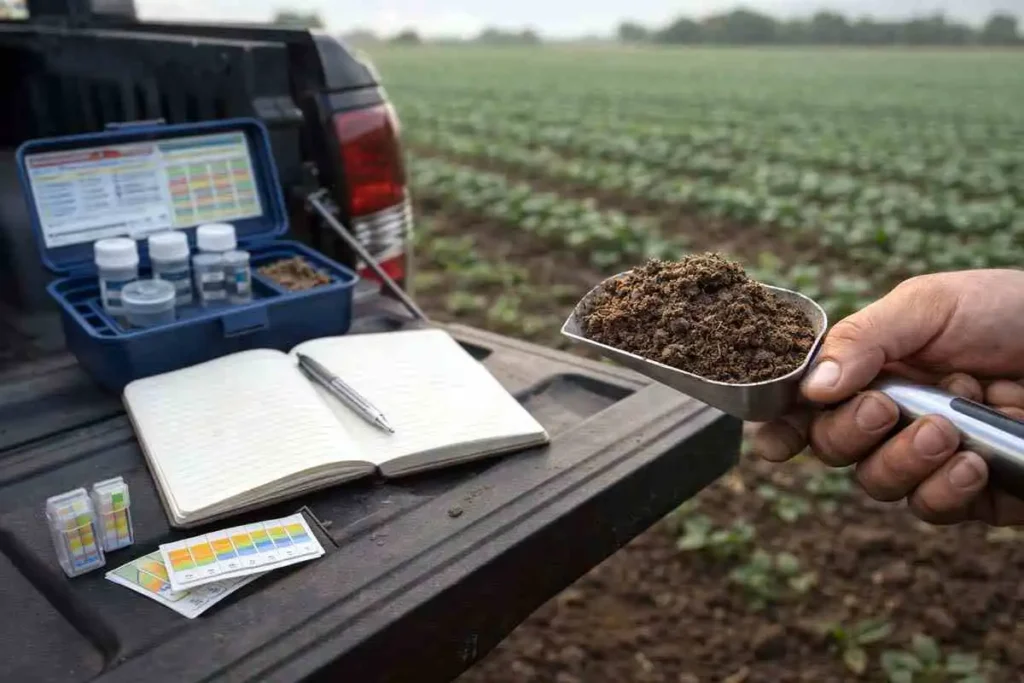 hands holding soil sample beside test kit