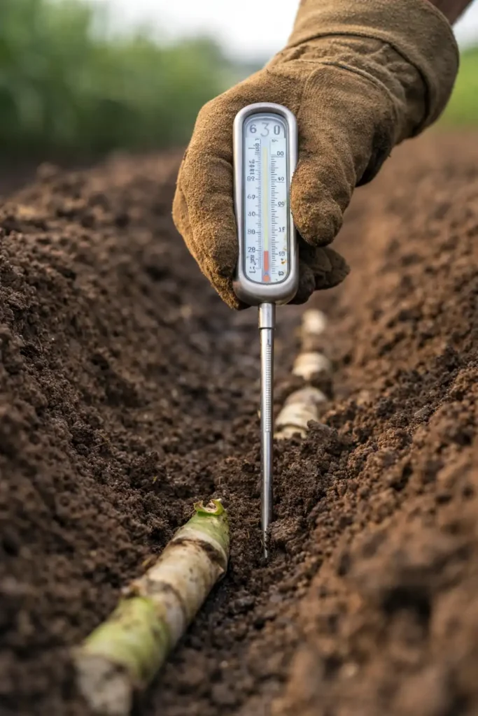checking furrow soil temperature by hand
