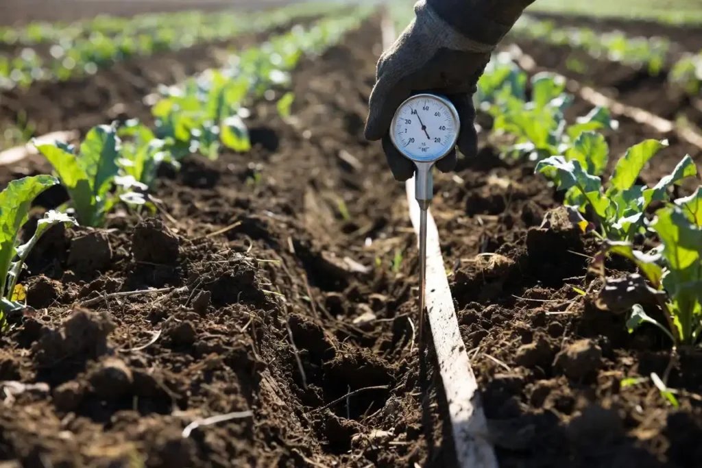 checking spring soil temperature at planting depth