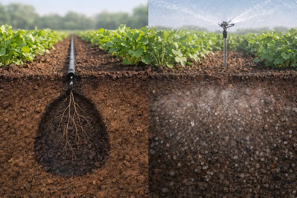 root zone wetting pattern under drip compared to sprinkler